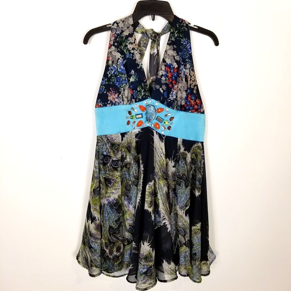 Megan Women Floral Halter Neck Mini Dress Sz M Embellished Babydoll Y2K‎